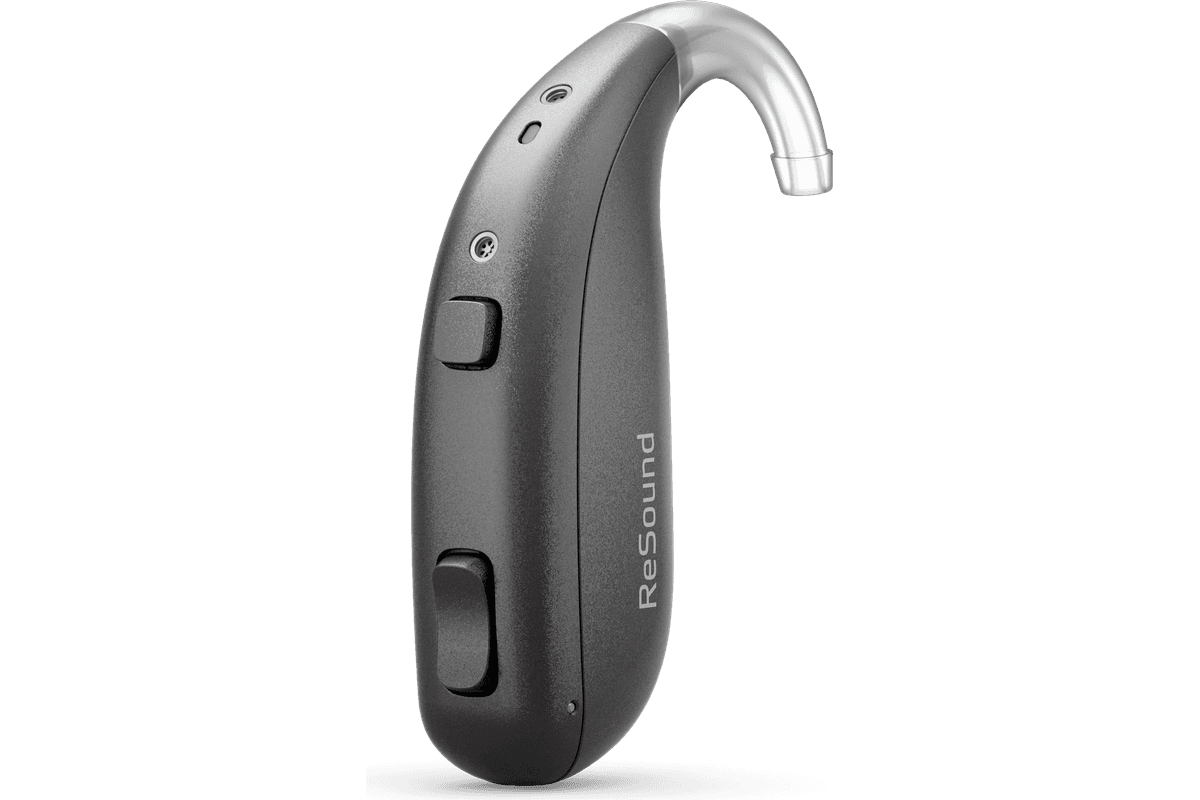 Behind-the-ear hearing aid with an earhook, used for stronger amplification