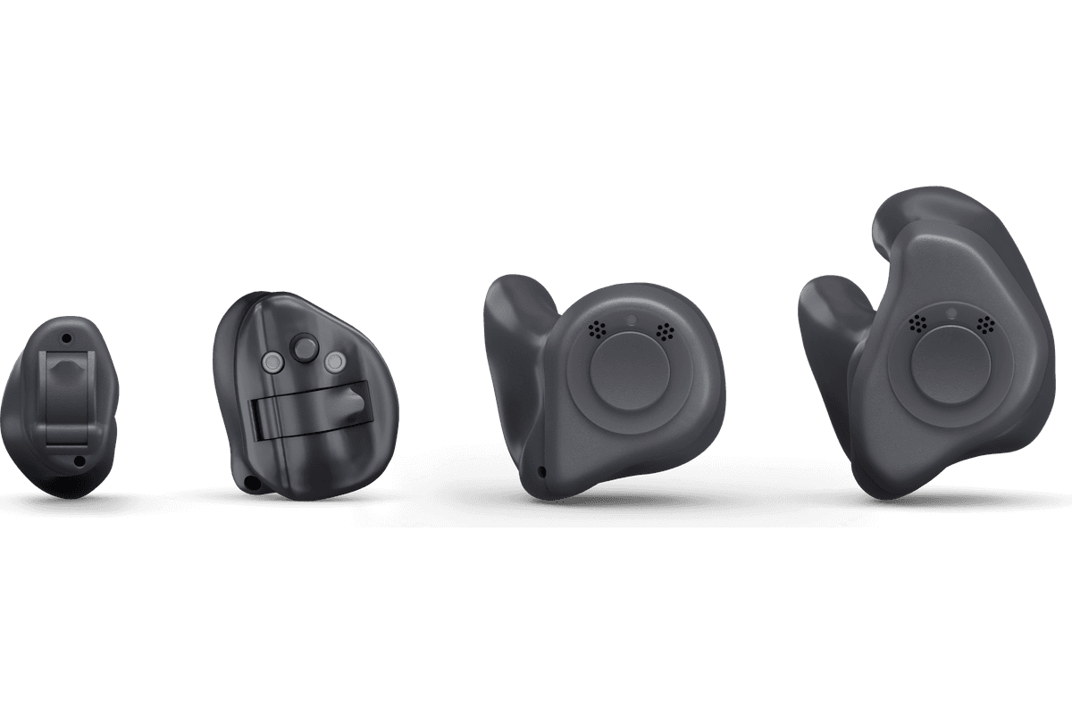 Range of custom in-ear hearing aid styles, from invisible-in-canal to full shell