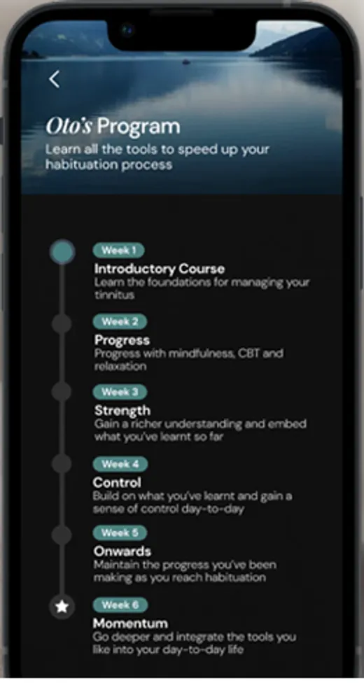 The Oto app showing the weekly program timeline a patient works through, from the introductory course to momentum