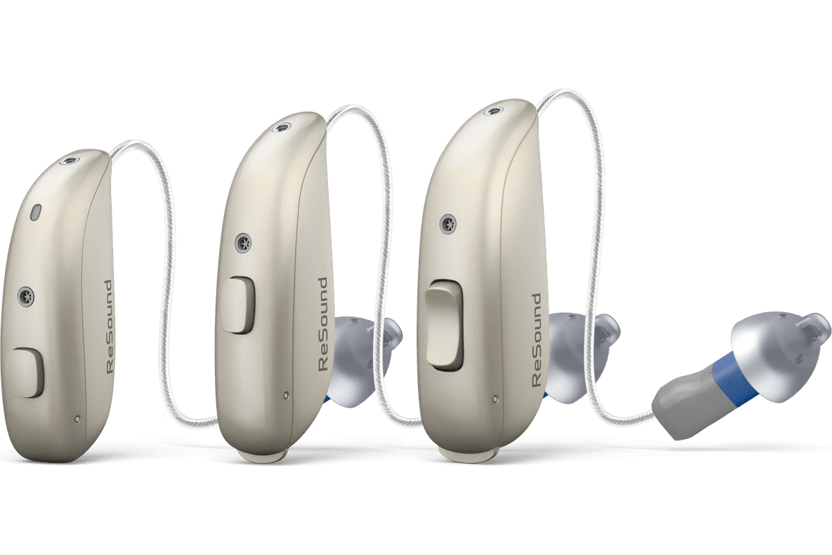Receiver-in-ear hearing aids shown in several colours