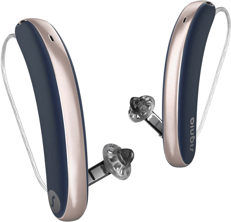 Signia Styletto IX slim rechargeable hearing aids in cosmic blue and rose gold